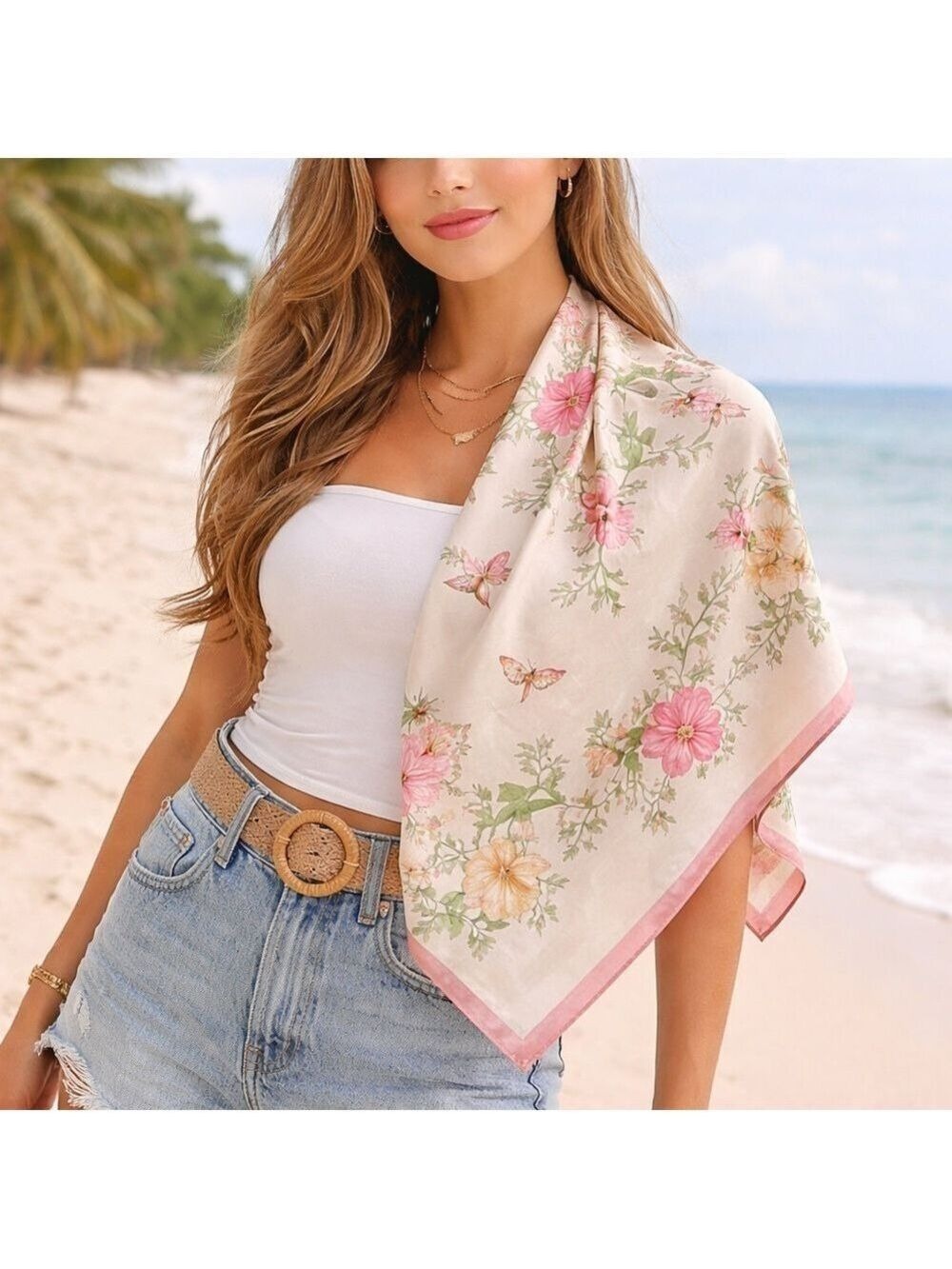 JIM THOMPSON 100% Thai Silk Twill 33” Square Scarf Floral & Butterfly Print NWT
